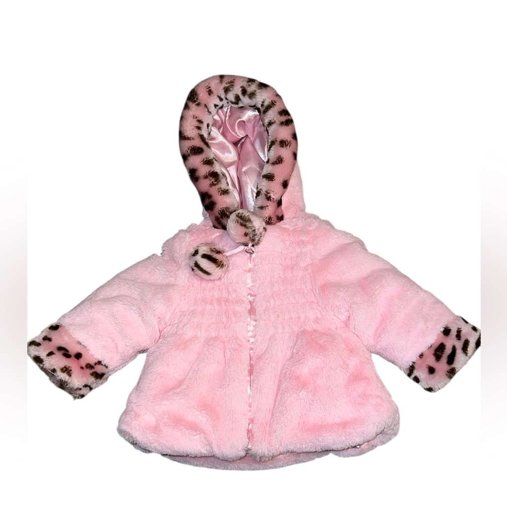 Pistachio Baby Pink Faux Fur Coat w/ Leopard Trim - Size 6M